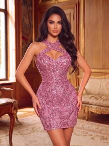 Elegant Criss-Cross Neckline Sequin Fitted Mini Dress, Suitable For Formal Dinner, Photo Shoot, Grand Event, Red Carpet, Party And Wedding - Baby Pink - View 5