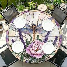 1pc Line Flower Round Tablecloth, Elastic Edge, Soft & Wrinkle-Resistant, Suitable For Round Dining Table, Outdoor Restaurant Decoration And Outdoor Party, Kitchen, Baking, Outdoor Decor, Outdoor Patio, Breakfast, Brunch And Party Decoration - Multicolor - View 1