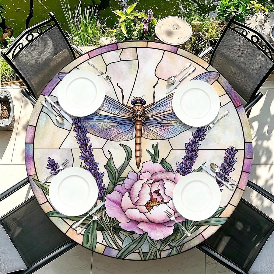 1pc Line Flower Round Tablecloth, Elastic Edge, Soft & Wrinkle-Resistant, Suitable For Round Dining Table, Outdoor Restaurant Decoration And Outdoor Party, Kitchen, Baking, Outdoor Decor, Outdoor Patio, Breakfast, Brunch And Party Decoration - Multicolor - View 1