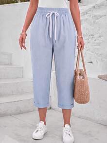 Jisfaneya Women's Plus Size Casual Solid Color 3/4 Length Pants, Elastic Waistband With Drawstring And Pockets Summer - Blue - View 1