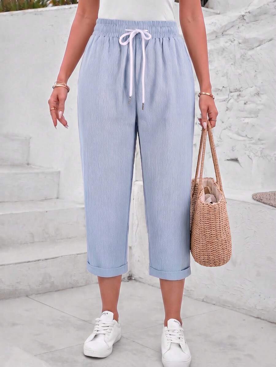 Jisfaneya Women's Plus Size Casual Solid Color 3/4 Length Pants, Elastic Waistband With Drawstring And Pockets Summer - Blue - View 1
