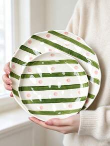 2Pcs 6"+8" Hand Painted Stripe & Polka Dot Ceramic Plates, Irregular Wavy Edge Dinner Dessert Plate, Ins Style Serving Tray For Breakfast Fruit Cake - Multicolor - View 6