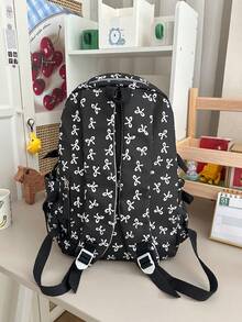 Backpack + Pink Bow Print School Backpack + Multi Pocket Water Resistant Storage + For Teen Daily Study Cute Lightweight Adjustable Strap Rucksack - Multicolor - View 9