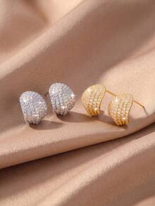 2pcs/Set Luxury Style Multi-Layer Curved Stud Earrings, Exquisite Women's Earrings Suitable For Evening Party, Commute, Date, Gathering - Circular Zirconium - View 4