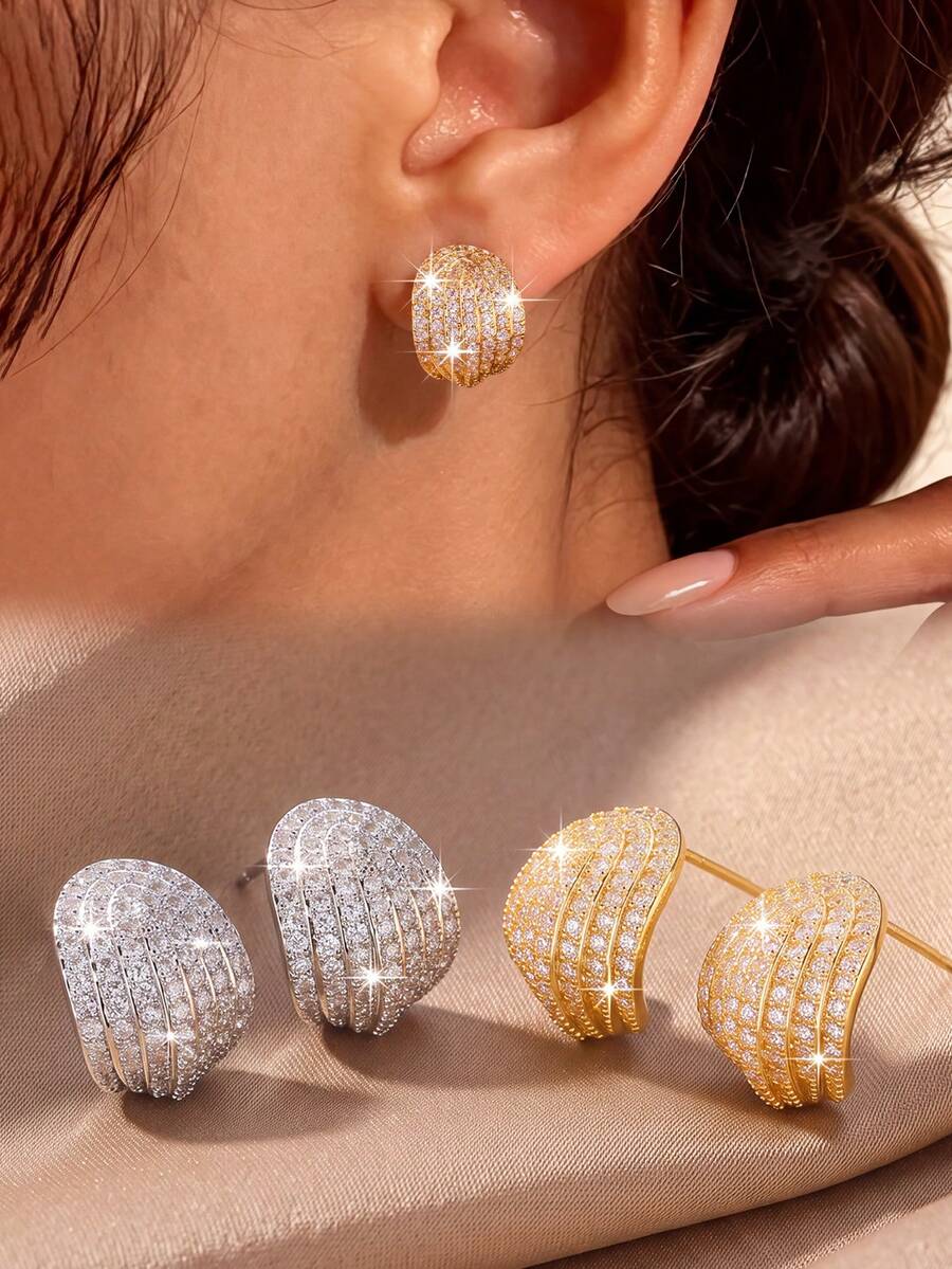 2pcs/Set Luxury Style Multi-Layer Curved Stud Earrings, Exquisite Women's Earrings Suitable For Evening Party, Commute, Date, Gathering - Circular Zirconium - View 1