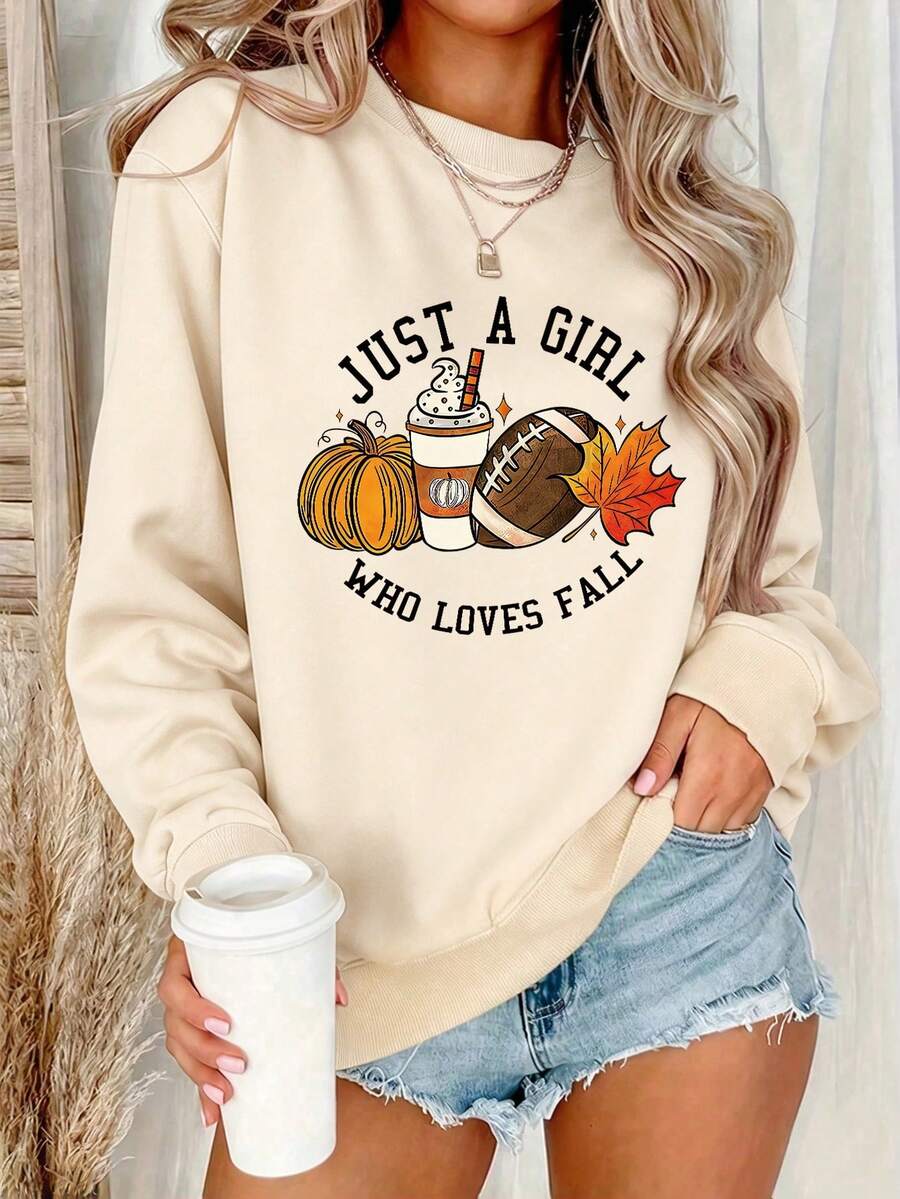 Women's Crew Neck Sweatshirt, Printed Pattern, Suitable For Autumn/Winter Daily Wear, Pullover Style - Apricot - View 1