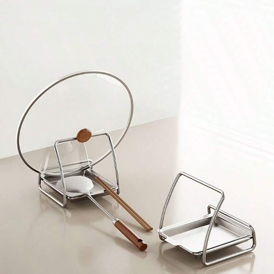 304 Stainless Steel Spoon Rack, Pot Lid Holder With Drip Tray, Small Portable Design, Suitable For Use On Stove And Kitchen Countertop, Durable And Space-Saving Design, Applicable For Kitchen Stove-Related Scenarios - Silver - View 1