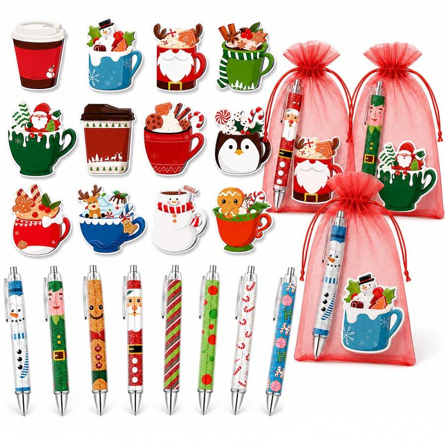 1/8 Set Christmas Notepad & Ballpoint Pen (With Mesh Bag), Snowman, Christmas Tree, Reindeer, Santa Claus Designs, Christmas Party Gifts, School & Office Supplies, Random Patterns - A - View 1