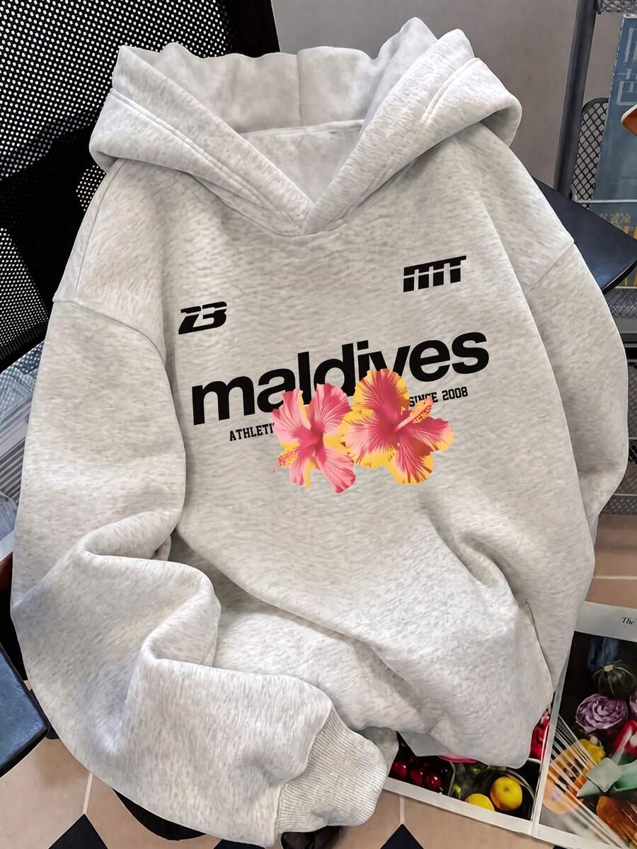 1pc Tween Girls Floral Maldives Letter Sweatshirt, Sweet Gentle Pink Pullover Top, Casual Loose Long Sleeve Sweatshirt For Spring And Autumn, Versatile For Outings - Grey - View 1