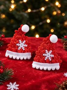 2pcs Red Christmas Hair Clips, Fabric Christmas Hat Snowflake Cute Flower Decor Hair Clips, Children Girls Christmas Gift Cute Hair Accessories - Red - View 1