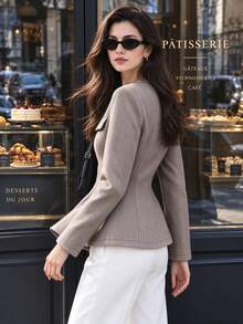 Women's New Elegant Round Neck Wool Blend Blazer Coat, Herringbone Pattern Button Front Jacket, Suitable For Daily Commute Wear - Grey - View 3