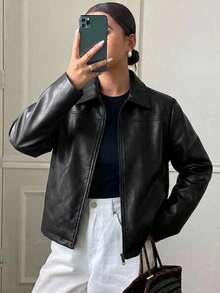 Livesso Solid Zip Through PU Leather Jacket Fall - Black - View 3