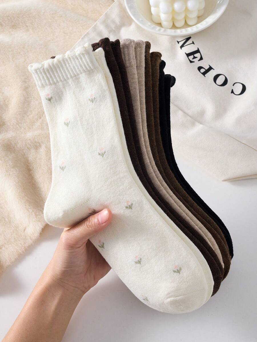 5 Pairs Thick Floral Pattern Coffee Brown Mid-Calf Socks, Elegant Soft And Comfortable, Suitable For Autumn/Winter - Multicolor - View 1