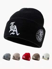 1pc Unisex Fashion Deformed A Logo Embroidered Brimless Knit Beanie Hat, Woolen Cap For Autumn/Winter Daily Warmth And Travel Outfit - A - View 1