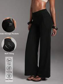 High Waist Straight Leg Pants With Phone Pocket, Dual Use For Running And Daily Commute - Black - View 5