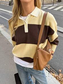 Live To Mo Women Yellow Striped Polo Collar Knit Top, Long Sleeve Button‑Detail Cropped Pullover Sweater, Casual Fall Outfit For Back To School - Yellow-brown Stripes - View 7