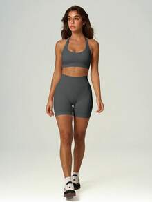 UONNOU 2Pcs Halter Sports Bra & High Waist Butt Lifting Biker Shorts, Women Stretch Yoga Workout Matching Set - Dark Grey - View 8