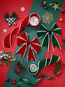 Christmas Plush Tassel Edge Plush Ribbon, Wired Fabric Ribbon Roll, Red & Green Solid Color Holiday Decorative Ribbon, Suitable For Handmade Bows, Gift Wrapping, Christmas Wreaths, Christmas Tree Ornaments, Home & Party DIY Craft Decoration - Multicolor - View 2