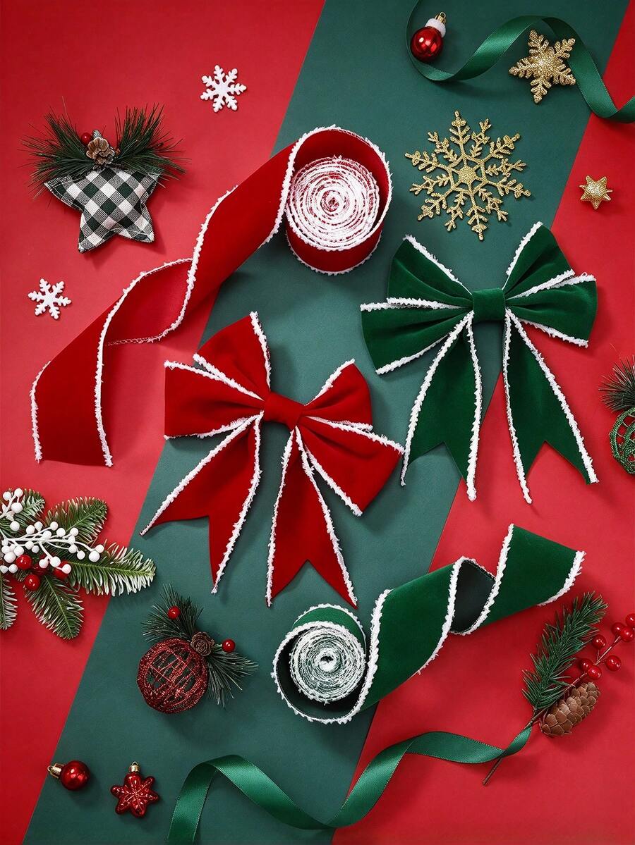 Christmas Plush Tassel Edge Plush Ribbon, Wired Fabric Ribbon Roll, Red & Green Solid Color Holiday Decorative Ribbon, Suitable For Handmade Bows, Gift Wrapping, Christmas Wreaths, Christmas Tree Ornaments, Home & Party DIY Craft Decoration - Multicolor - View 1