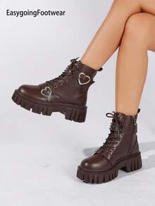 Women's Heart Buckle Rivet Decor Lace-Up Thick Sole Ankle Boots, Round Toe Side Zipper Fashion All-Season Ankle Boots - Brown - View 3