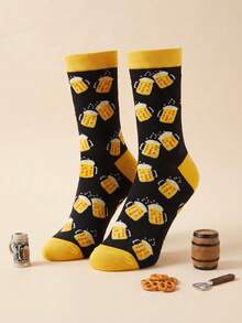 1 Pair Beer Theme Men's Mid-Calf Socks, Fashionable Contrast Color Men's Socks, Autumn/Winter Long Socks, Suitable For Daily Casual Wear, Perfect Gift For Beer Lovers - Multicolor - View 3