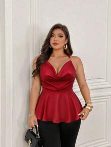 Plus Size Women's Spring/Summer Elegant Fashion Cowl Neck With Metal Buckle Decor Satin Glossy Fabric Flared Hem Camisole, Suitable For Party, Gathering, New Year, Valentine's Day - Burgundy - View 4