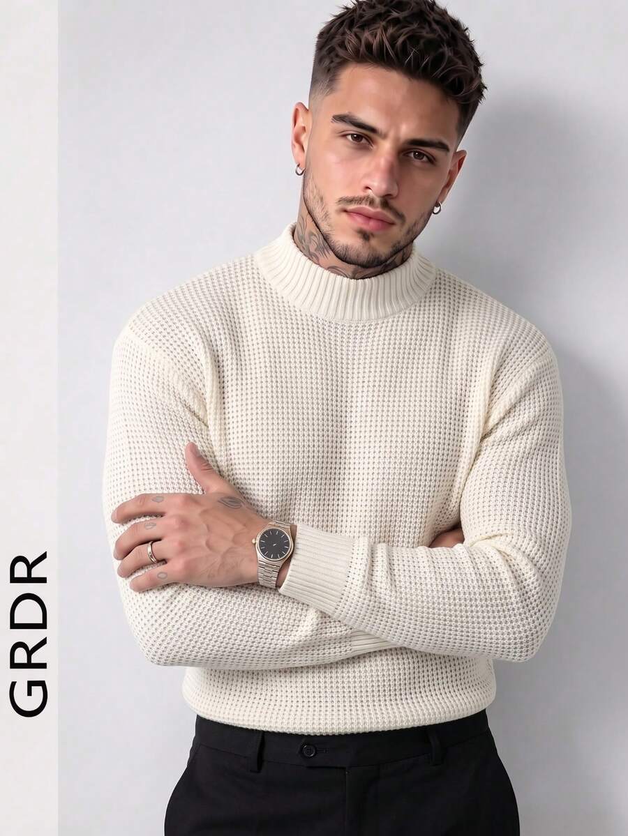 GRDR Men's Autumn/Winter Jacquard Half-High Neck Long Sleeve Sweater - Apricot - View 1