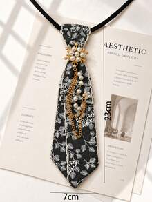 1pc Women's Denim Leaf Lace Beaded Decorative Small Collar Bow Tie, Suitable For Office And Gatherings - Multicolor - View 2