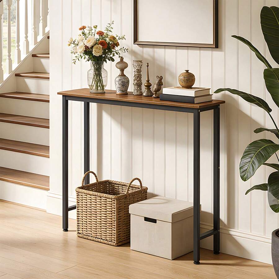 LIVINGANDHOME 1/2 Tiers Wood-Grain Narrow Console Table,Slim Table,Home Storage Shelf Rack Organizer,Space Saving Storage Shelf For Entryway/Hallway/Living Room/Kitchen/Bathroom - Brown + Black - View 1
