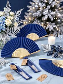 Handmade Paper Folding Fan With Gift Bag And Thank You Card, Bamboo Handheld Folding Fan, Home DIY Office Decor, Wedding Party Baby Shower Party Gift Accessory (Navy Blue) - Navy - View 9