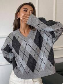 Livesso Pull tricoté décontracté streetwear pour femmes, col V, manches longues, coupe ample, motif argyle blocs de couleurs, printemps/automne, vacances - Gris - Voir 5