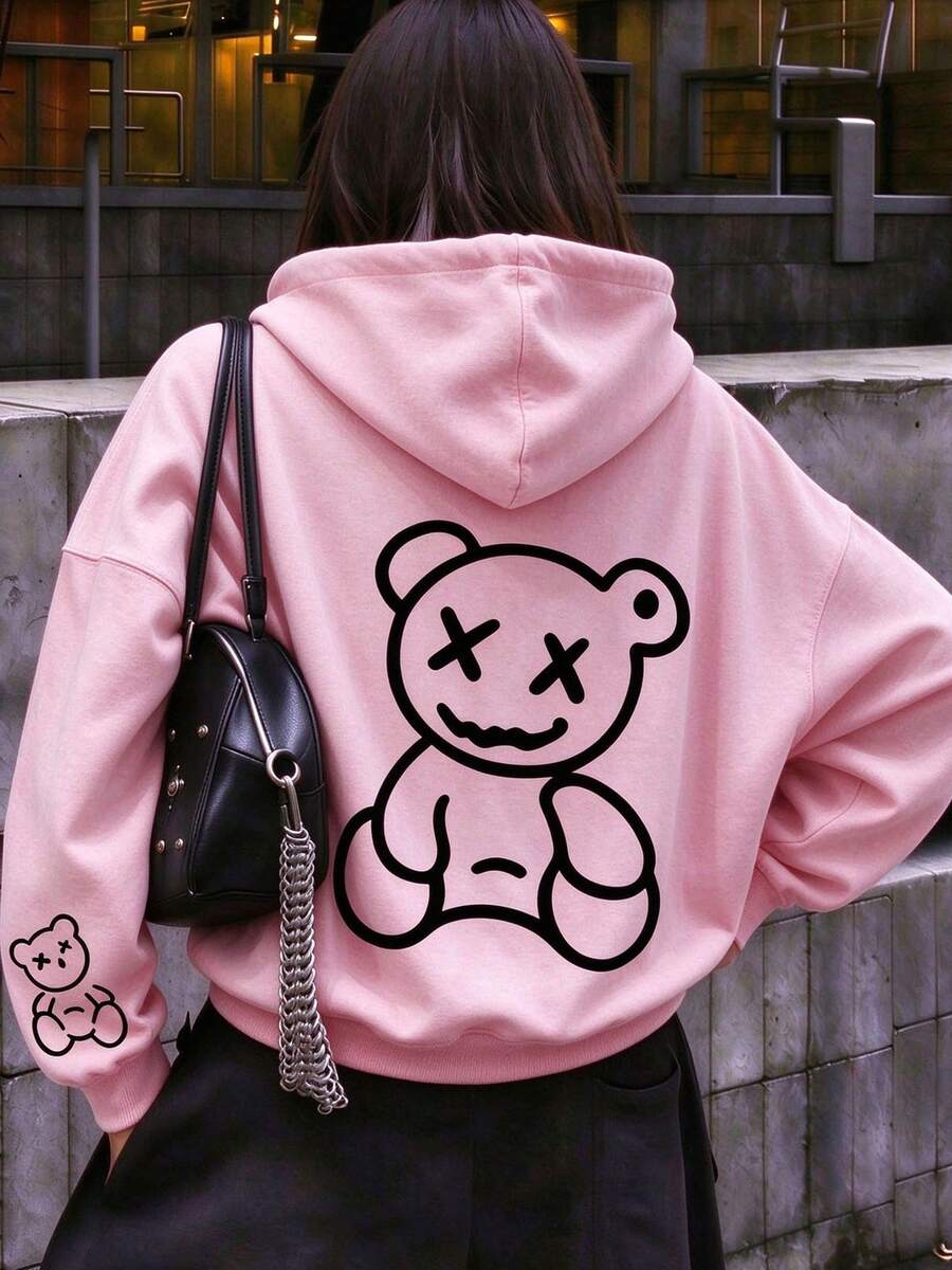 Street Style Cartoon Bear Pattern Sweatshirt, Drop Shoulder Long Sleeve Casual Sweatshirt INS Outfit Bear Style Casual Chic - Pink - View 1