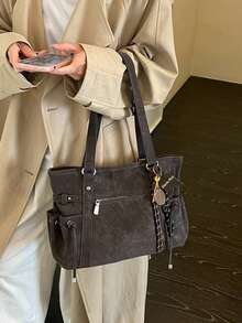 Women Vintage Distressed Leather Tote Bag Star Charm Side Drawstring Shoulder Handbag Large Capacity Commuter Purse - Coffee - View 8