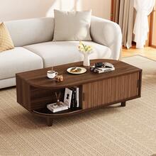 Walnut-Colored Living Room Coffee Table 100*50*35 Cm With 2 Sliding Doors, With Storage, Wooden Legs, Made Of MDF With A Load Capacity Of Up To 30 Kg, Side Table, Sofa Table, Coffee Table, Tea Table - Walnut Wood Color - View 2