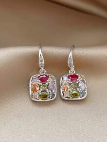 1 Pair Fashionable Minimalist Colorful Cubic Zirconia Geometric Copper Alloy Earrings Suitable For Daily Wear, Parties And Gatherings - Silver - View 5