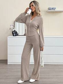 Women's Loose Ribbed Hooded Long Sleeved Top And Wide Leg Pants Two Pieces Set For Autumn And Winter, Suitable For Casual Wear And Daily Commuting. - Light Apricot - View 6
