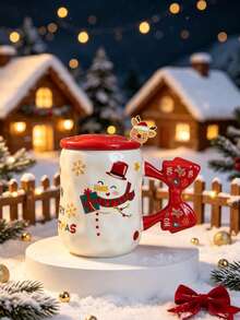 1pc Cute Snowman Christmas Ceramic Mug With Lid, Festive Coffee Cup, Christmas Holiday Gift - Multicolor - View 1