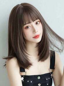 18 Inch Brown Natural Straight Hair Wig With Bangs, Women's Style, Halloween - Brown - View 3
