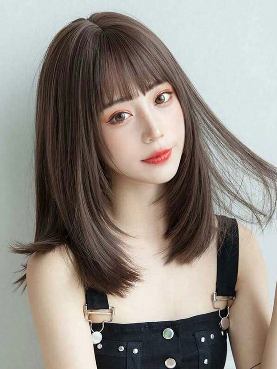 18英吋棕色自然直髮瀏海假髮，女款，萬聖節