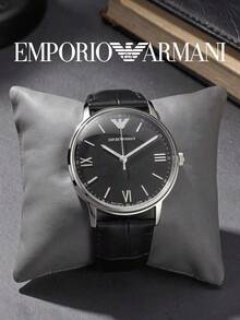 Emporio Armani Minimalist Men's Quartz Watch, Silver Case Black Dial Roman Numerals, Crocodile Embossed Black Leather Strap Business Formal Men's Watch - one-size - View 4