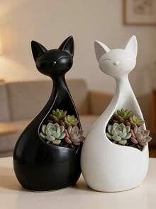 Cute Cat-Shaped Ceramic Multi-Functional Succulent Planter, Jewelry & Pen Holder, Desktop & Windowsill Decor, Home & Office Gift - Multicolor - View 7
