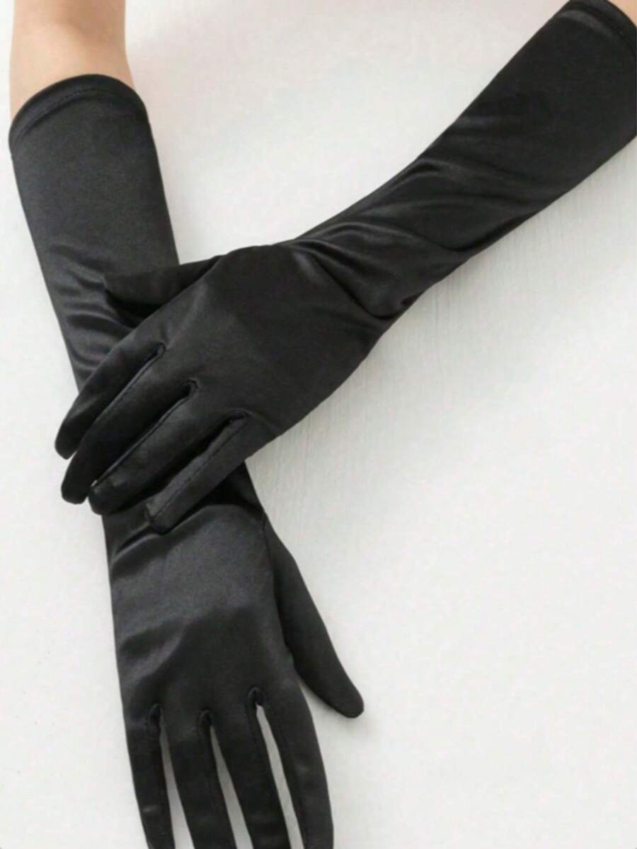 1 Pair Solid Color Minimalist Mid-Length Party Gloves - Black-102 - View 1
