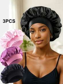 3pcs/Set Women's Wide Brim Satin Sleep Cap & Hair Bonnet, Daily Use Silk Bonnet Satin Bonnet Hair Sleep Cap Sleep Bonnet - Multicolor - View 26