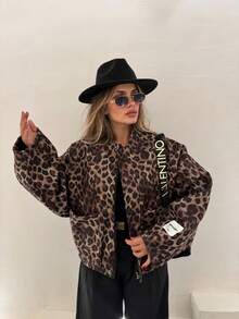 Fashionable Women's Leopard Print Woven Baseball Jacket, Long Sleeve Flight Jacket With Pockets And Zipper, Autumn/Winter Outfit Essential - Brown - View 6