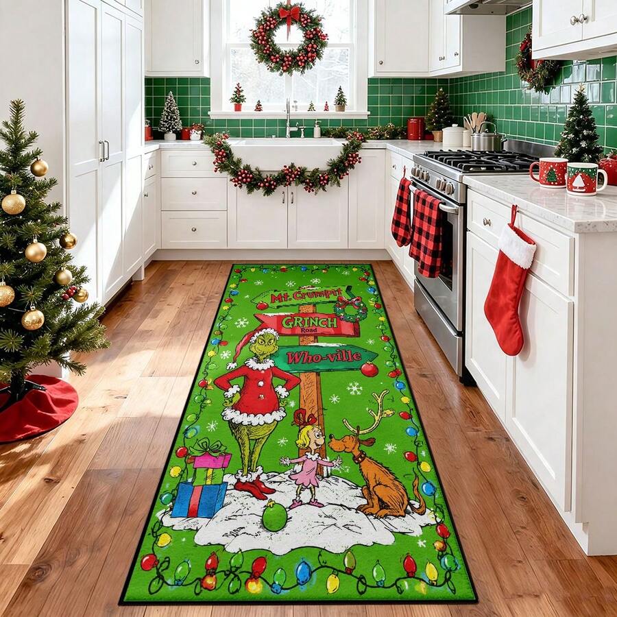 The Grinch The Merry Christmas Kitchen Rug, Santa Claus Non-Slip Mat, Winter Christmas Snowman Floor Mat, Merry Christmas Decor, Suitable For Hallway, Living Room, Kitchen, Office, Laundry Room - Multicolor - View 1