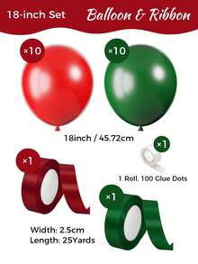 Christmas Red & Green Latex Balloon Set With Satin Ribbon And Glue Dots, Hanging Decor For Christmas Party, Home Ceiling, Birthday Party, Shower Party, Holiday Celebration - Red and Dark Green - View 8