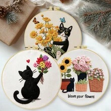 15*15cm/5.9*5.9in 20*20cm/7.9*7.9in,Happy Cats Embroidery Kit, DIY Handmade Embroidery Set For Adult Beginners, Home Gift, Women's Sewing Gift, Including User Manual, Printed Pattern Fabric, Embroidery Frame, Needle And Thread. - Happy Cats - View 11