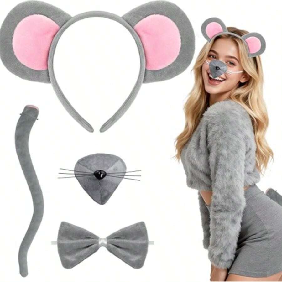 Mouse Costume Accessories For Adults - Grey Mouse Ears Headband Set, Plush Bow Tie And Bendable Tail, Cute Animal Cosplay Kit For Halloween Carnival - Beige - View 1