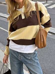 Live To Mo Women Yellow Striped Polo Collar Knit Top, Long Sleeve Button‑Detail Cropped Pullover Sweater, Casual Fall Outfit For Back To School - Yellow-brown Stripes - View 6