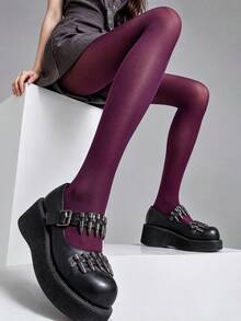 1 Pair Women's Deep Purple Solid Opaque Tights, Soft Elastic Pantyhose, Suitable For Spring/Autumn Daily, Gothic And Y2K Outfits - Purple - View 1